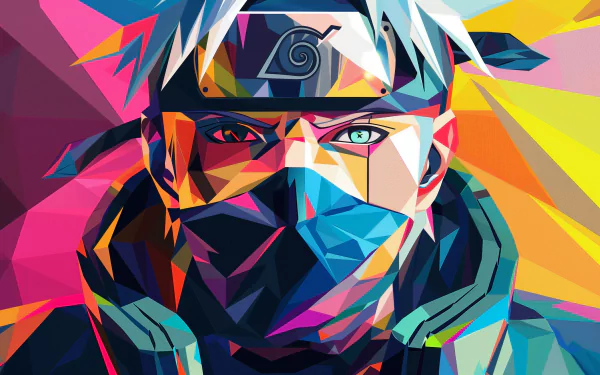 HD desktop wallpaper featuring a colorful geometric rendition of Kakashi Hatake from the anime Naruto.