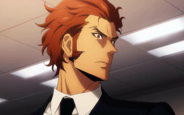 HD PC desktop wallpaper featuring Baek Yoon-Ho from Solo Leveling with a determined expression in a suit under bright indoor lighting.