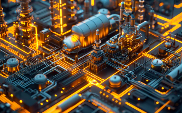 HD PC desktop wallpaper of a futuristic factory plan rendered with glowing orange circuitry, created as AI art showcasing intricate industrial design and technology.