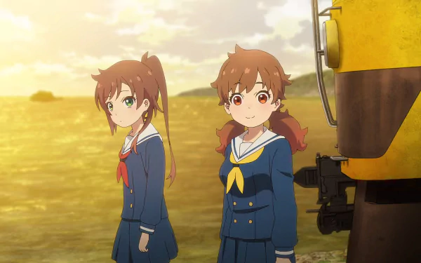 HD Anime Wallpaper featuring two characters by a train at sunset, with the theme 'Train to the End of the World'.