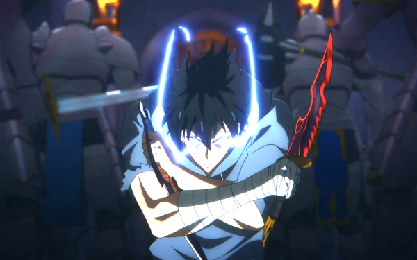 HD anime desktop wallpaper featuring Sung Jin-Woo from Solo Leveling, depicted with glowing blue and red energy in a dark, intense setting.