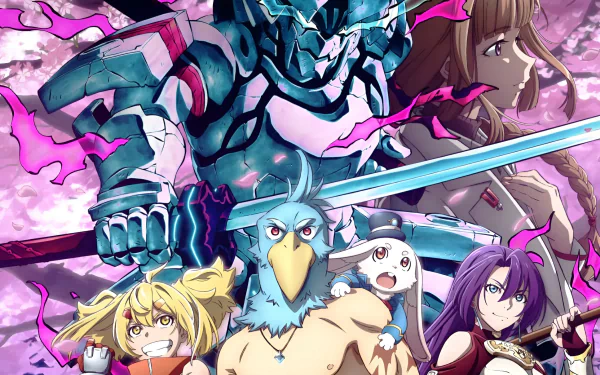 Shangri‑la Frontier anime 2K Quad HD PC wallpaper: armored blue knight, bird‑masked protagonist and colorful companions amid swirling pink energy and cherry‑blossom backdrop.