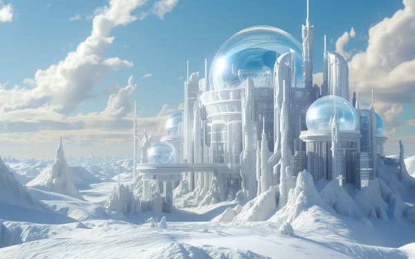 Sci-fi castle in a snowy landscape HD desktop wallpaper and background with futuristic architecture and blue skies.