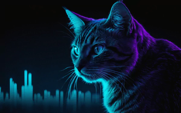 A neon, futuristic cat wallpaper in vibrant blue and purple hues, perfect for HD desktop backgrounds.