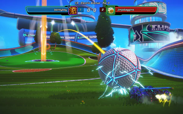 HD desktop wallpaper featuring an in-game action scene from Turbo Golf Racing with a vibrant, stylized golf course and racing car hitting a large ball.
