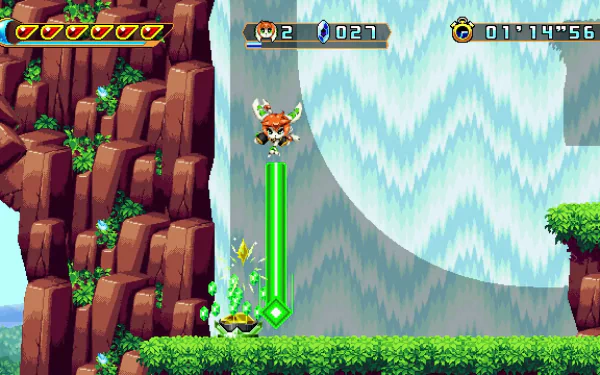 HD desktop wallpaper featuring a scene from the video game Freedom Planet 2, showcasing a character leaping through a vibrant, pixelated landscape with a cascading waterfall in the background.