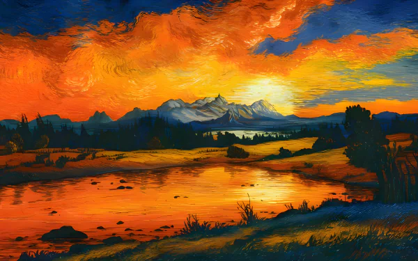  Breathtaking sunset over tranquil mountain lake