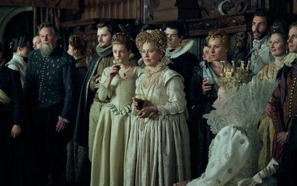 HD wallpaper from the TV show Mary & George featuring characters in period costumes at a royal gathering.