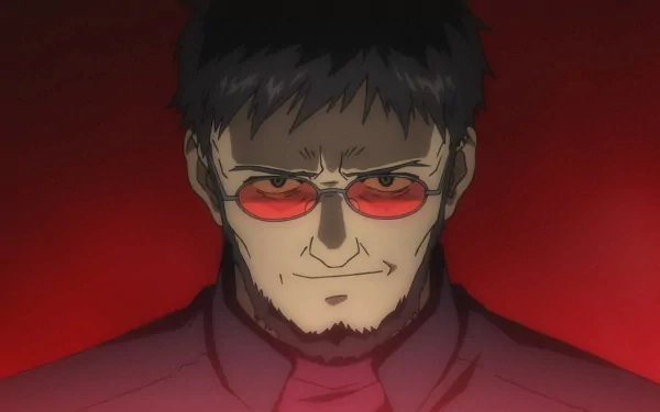 Anime HD PC desktop wallpaper from Evangelion: 1.0 You Are (Not) Alone showing Gendo Ikari — stern, bearded, red-tinted glasses, looming against a deep red background.