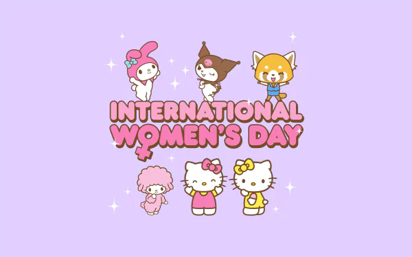 HD desktop wallpaper celebrating International Women's Day with cute characters from Onegai My Melody anime series, including Kuromi and Hello Kitty, on a purple background.