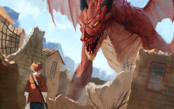 HD anime desktop wallpaper featuring Stark from Frieren: Beyond Journey's End facing a large, menacing red dragon amidst a ruined village.