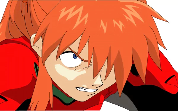 HD PC desktop wallpaper featuring Asuka Langley Sohryu from End of Evangelion, captured in an intense close-up anime style.