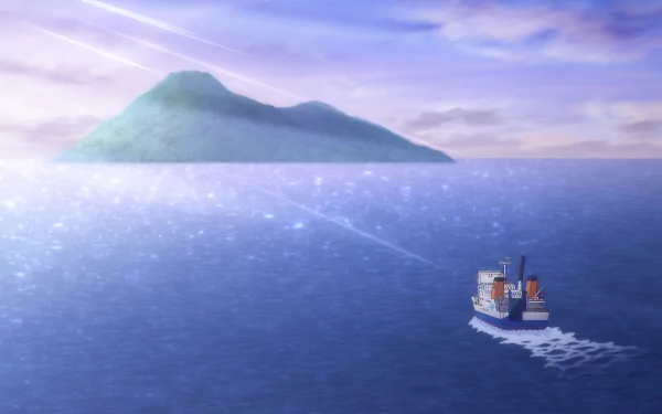 HD Anime Oi! Tonbo desktop wallpaper featuring a serene ocean scene with a solitary boat heading towards a distant island under a sparkling sky.