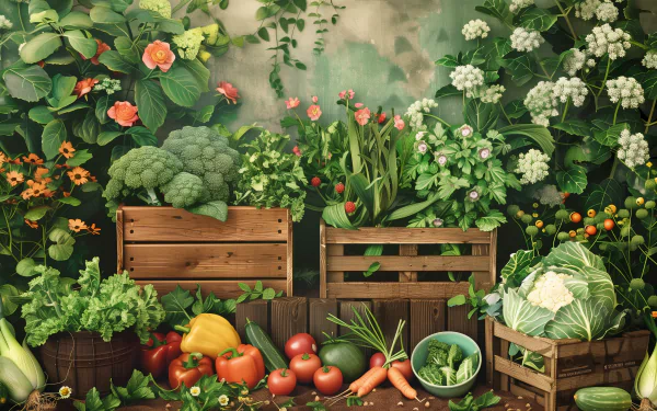 HD wallpaper featuring a lush vegetable garden with fresh produce in wooden crates against a floral backdrop.