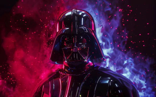 HD desktop wallpaper featuring Darth Vader from Star Wars with a vivid red and blue cosmic background.