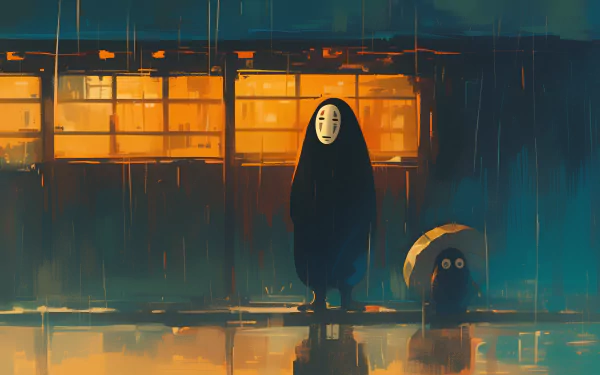 HD desktop wallpaper featuring No-Face from the anime movie Spirited Away, standing in the rain with a reflective surface foreground.