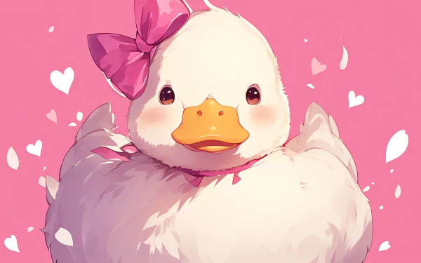 HD desktop wallpaper featuring a cute duck with a bow, perfect for a charming background with a pink love-heart theme.