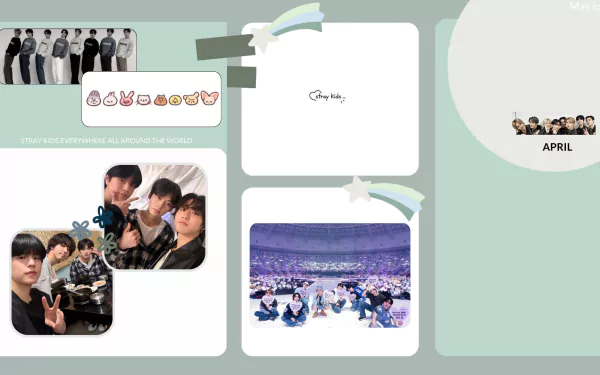 HD PC desktop wallpaper featuring various photos and moments of Stray Kids arranged on a pastel green background with creative tape and star accents.