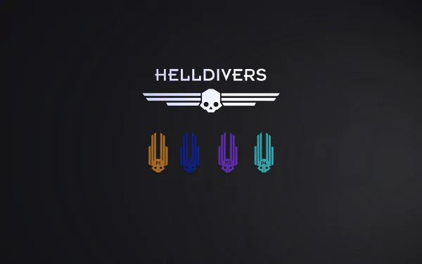 Helldivers video game logo with skull and crossed wing imagery above colored chevrons on a dark background - HD desktop wallpaper.