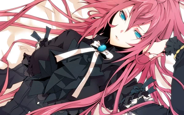 A vibrant HD anime wallpaper featuring a Vocaloid character with striking pink hair and blue eyes, elegantly dressed in black with intricate details and ribbons.