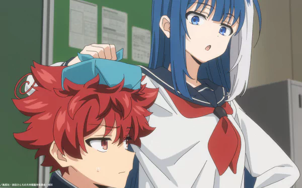 Anime characters from Mission: Yozakura Family are depicted in this HD desktop wallpaper, showcasing a moment between two students in a school setting.