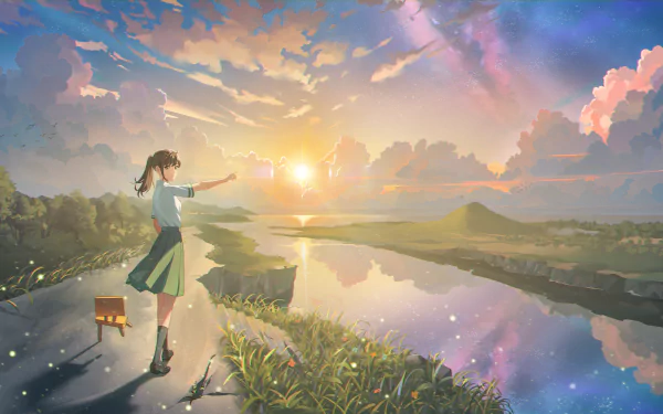 Anime-style 4K Ultra HD wallpaper featuring Suzume Iwato from Suzume no Tojimari standing by a reflective river at sunset with a vibrant sky background.