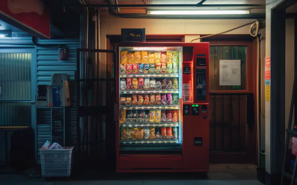 HD wallpaper of a brightly lit vending machine at night, providing a colorful background for desktops.