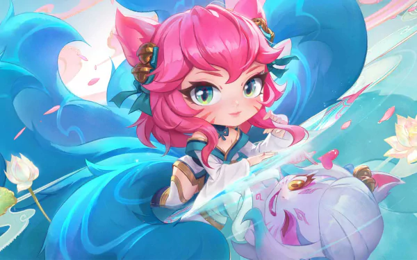 HD wallpaper featuring Ahri from Teamfight Tactics, showcasing her playful pose with vibrant blue and pink hues, surrounded by whimsical elements in a magical setting.