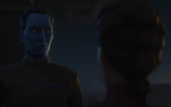 A striking HD wallpaper from Star Wars: Tales of the Empire, featuring a blue-skinned character in a dimly lit scene, engaging in a tense conversation.