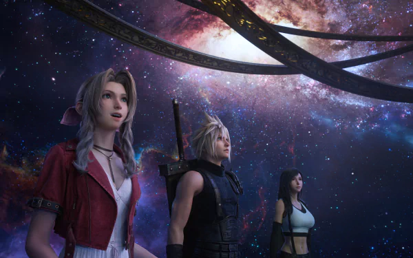 HD desktop wallpaper of Final Fantasy VII Rebirth featuring characters under a cosmic sky.