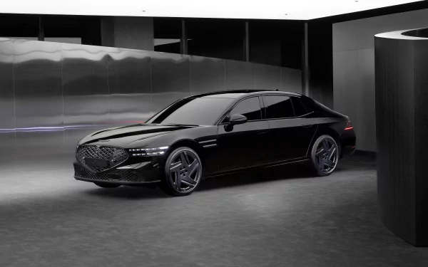 HD desktop wallpaper featuring a Genesis G90 car parked in a sleek showroom setting.