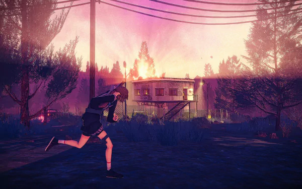 HD desktop wallpaper from the video game Children of the Sun, depicting a character running towards a house against a vivid sunset backdrop.