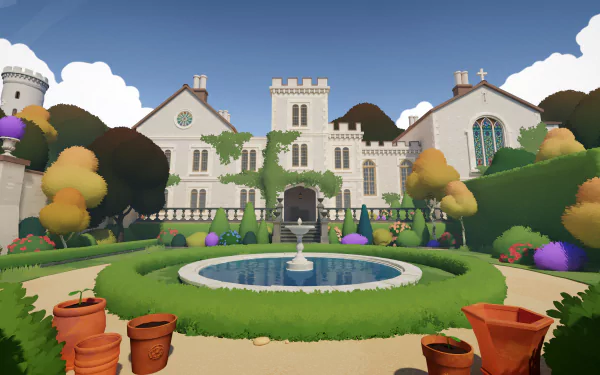 A serene HD desktop wallpaper featuring the Botany Manor, showcasing a beautifully landscaped garden with a fountain, colorful trees, and charming architectural details.