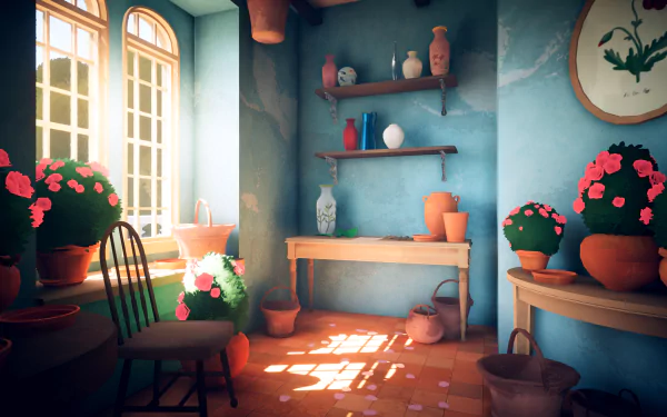 HD wallpaper of a cozy room from Botany Manor video game featuring vibrant potted plants and rustic decor.