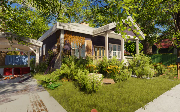 HD desktop wallpaper featuring a charming house from the video game House Flipper 2, showcasing a well-manicured lawn and vibrant landscaping for an engaging virtual renovation experience.