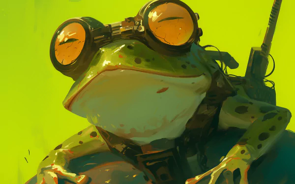 A whimsical frog wearing goggles sits confidently against a vibrant green backdrop, making it a striking HD desktop wallpaper and background.