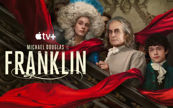 HD desktop wallpaper for the TV show Franklin, featuring Michael Douglas and Noah Jupe, with opulent 18th-century costumes and elegant decor, highlighted by a large flowing red fabric.