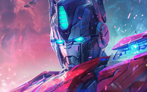 HD wallpaper featuring a stylized depiction of Transformers character Optimus Prime, highlighted with vibrant blue eyes against an energetic pink and blue cosmic backdrop.