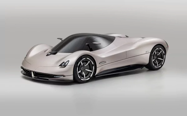 HD wallpaper featuring a sleek Pagani Alisea supercar in a light color, presented against a simple, clean background.