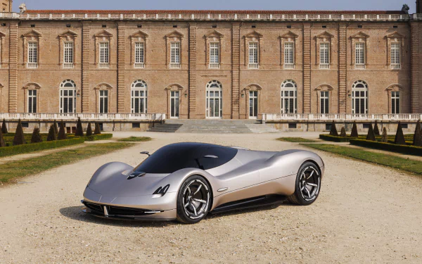 HD desktop wallpaper featuring a Pagani Alisea supercar parked in front of a classical building with a symmetrical, gravelled courtyard.