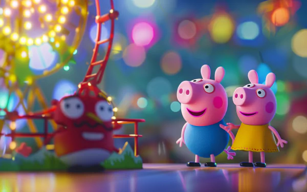 HD wallpaper featuring characters from the TV show Peppa Pig with Peppa and her brother George at a colorful amusement park lit up at night.