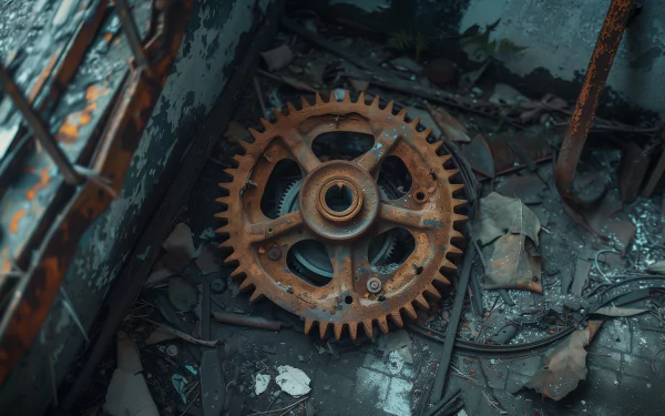 HD desktop wallpaper featuring a rusty metal gear amidst debris, showcasing textures and a moody atmosphere.