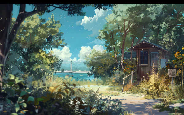 HD desktop wallpaper featuring a serene outdoor scene with a quaint wooden hut surrounded by lush greenery on a sunny day, with a hint of a bridge in the background under a clear blue sky with fluffy clouds.