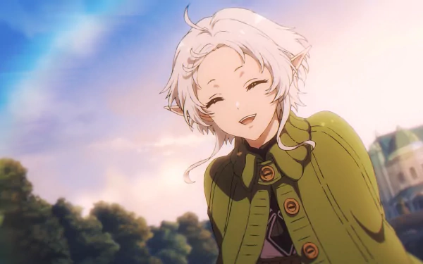 HD anime desktop wallpaper featuring Sylphiette from Mushoku Tensei: Jobless Reincarnation smiling warmly against a bright, scenic background.