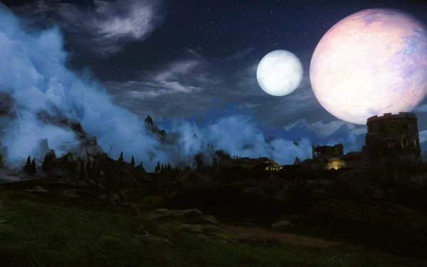 An HD wallpaper from the video game Skyrim featuring a scenic night sky with two moons, clouds, and a glimpse of a medieval structure in a landscape.