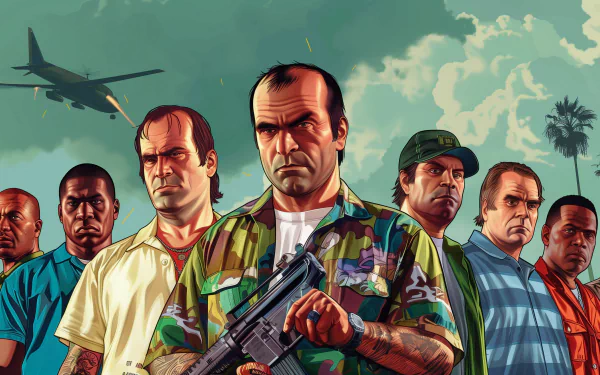 HD wallpaper featuring artwork from the video game Grand Theft Auto, depicting a group of stylized characters with a dramatic sky and a plane in the background, capturing the game's crime-themed aesthetic.