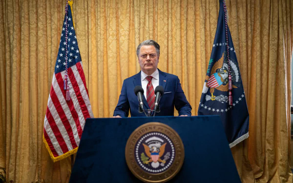 A man standing at a podium with the Presidential Seal, flanked by American flags, in a scene from the movie Civil War (2024)—an HD desktop wallpaper background.