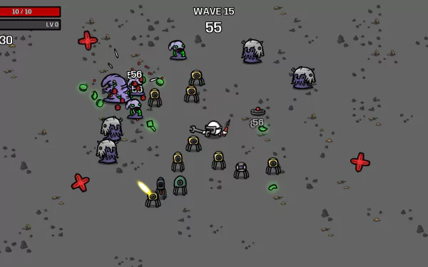 HD desktop wallpaper featuring a scene from the video game Brotato with a character battling against enemies on wave 55.