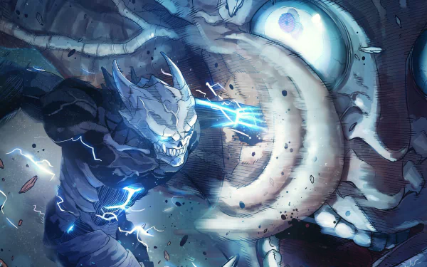 Alt Text: HD desktop wallpaper featuring a dynamic scene from the anime 'Kaiju No. 8' with the character Kafka Hibino in his kaiju form engaged in an intense battle.