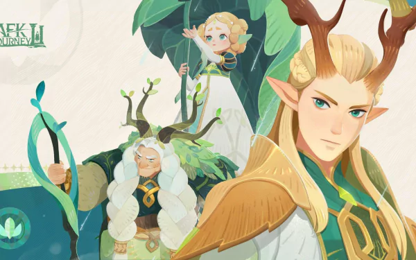 HD desktop wallpaper from the video game AFK Journey featuring illustrated fantasy characters, including a prominent elf with antler-like ears and two other characters, one with a beard and greenery, suggesting a nature theme.